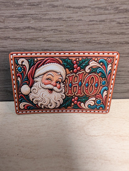 Santa Ho Christmas Hat Patch, Funny Western Christmas Tooled Leather Patch, Winking Santa Claus Trucker Hat Patch, UV Printed Leatherette