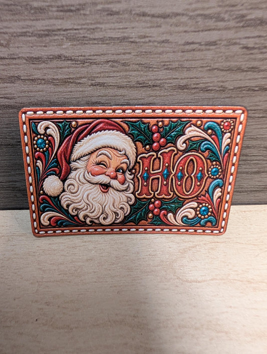 Santa Ho Christmas Hat Patch, Funny Western Christmas Tooled Leather Patch, Winking Santa Claus Trucker Hat Patch, UV Printed Leatherette