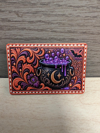 Witch Cauldron Halloween Hat Patch, Western Tooled Leather Witchy Patch, Purple Potion Cauldron Trucker Hat Patch, UV Printed Leatherette