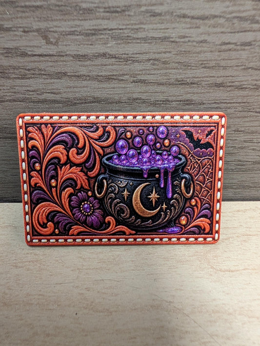 Witch Cauldron Halloween Hat Patch, Western Tooled Leather Witchy Patch, Purple Potion Cauldron Trucker Hat Patch, UV Printed Leatherette