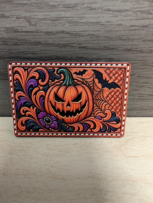 Jack O Lantern Halloween Hat Patch, Western Tooled Leather Pumpkin Patch, Spooky Bats and Spiderweb Trucker Patch, UV Printed Leatherette