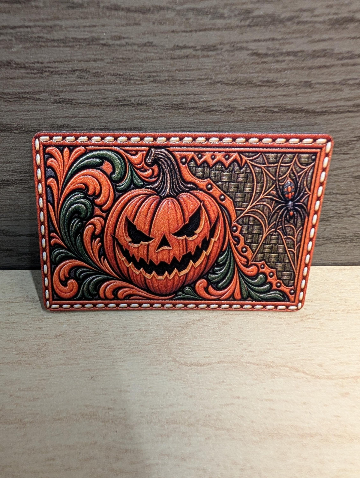Jack O Lantern Spider Halloween Hat Patch, Western Tooled Leather Pumpkin Patch, Spooky Spiderweb Trucker Hat Patch, UV Printed Leatherette