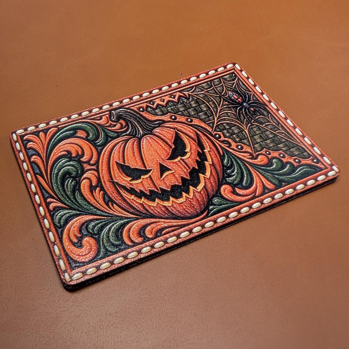 Jack O Lantern Spider Halloween Hat Patch, Western Tooled Leather Pumpkin Patch, Spooky Spiderweb Trucker Hat Patch, UV Printed Leatherette