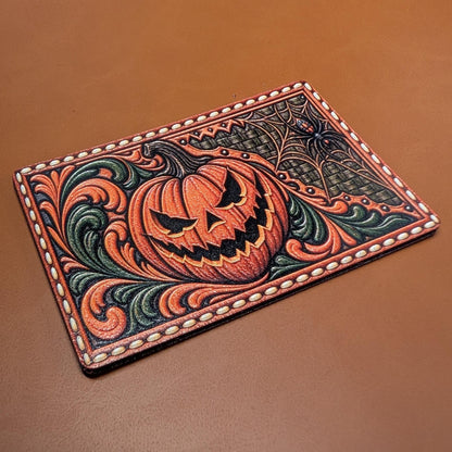 Jack O Lantern Spider Halloween Hat Patch, Western Tooled Leather Pumpkin Patch, Spooky Spiderweb Trucker Hat Patch, UV Printed Leatherette